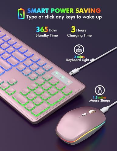 Image of Wireless Keyboard and Mouse Combo, RGB Backlit, Trueque KM42Pro | RGB Rainbow Backlit, Rechargeable Keyboard Mouse, Sleep Mode, 2.4GHz Wireless, Silent Soft Typing, USB-C Adapter