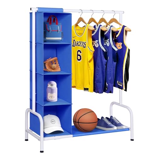Univivi Kids Dress Up Rack with Hanging Organizer, Child Dress Up Storage for Hanging Clothes, Dance Costume Garment Rack for Baby Clothes, Dance Costumes, Blue/White