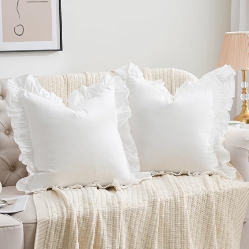 2 Pack Ruffle Throw Pillow Covers Farmhouse Off White Shabby Washed Cotton Decorative Pillow Shams for Bed, Sofa, Living Room-20"x20" White