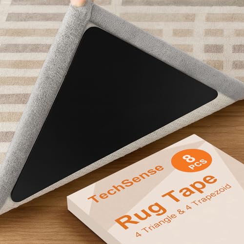 TechSense Rug Pad Grippers for Hardwood Floors, 8 PCS (4 Triangle + 4 Trapezoid) Anti Curling Non Slip Carpet Gripper Washable Reusable PU Pads for Corners & Edges, Black