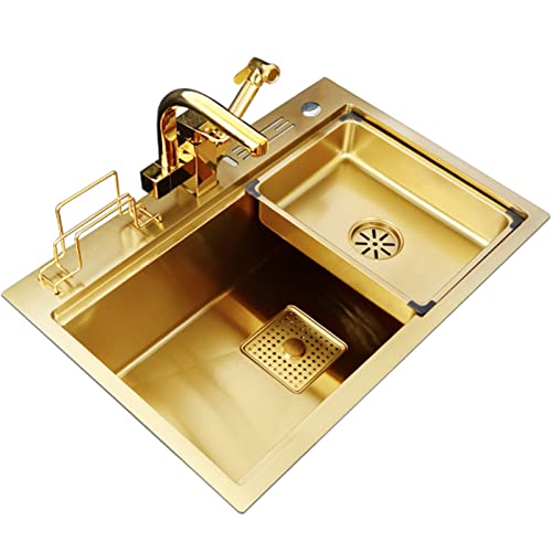 304 Stainless Steel Bar Prep Sink Gold Single Bowl Kitchen Sink Drop-in Or RV Sink With Faucet Cutting Board(Gold 60x46x22cm) (G