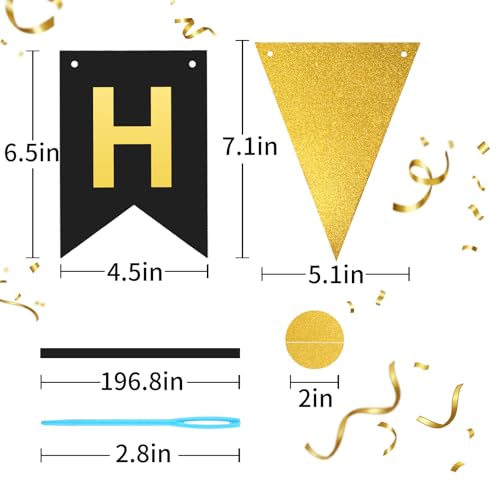 Image of Black Gold Happy Birthday Banner Hanging Sign Circle Dot Triangle Bunting