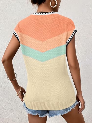Image of Cap Sleeve Sweater Tops for Women 2026 Knit Summer Sleeveless Tank Vest | Slim Fit, Trendy Color Block, Soft, Skin-Friendly, Strechy, Lightweight, Breathable, Casual Daily Wear