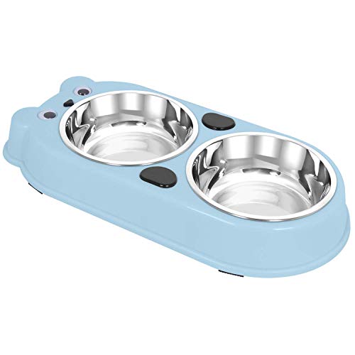 UPSKY Double Dog Cat Bowls Double Premium Stainless Steel Pet Bowls with Cute Modeling Pet Food Water Feeder (Blue)