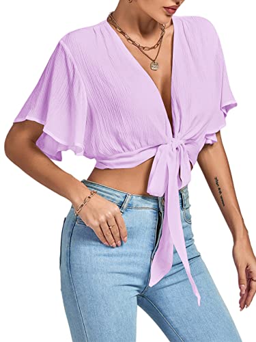Image of LYANER Women's Sexy Deep V Neck Tie Front Wrap Cropped Blouse Bell Short Sleeve Ruffle Crop Tops