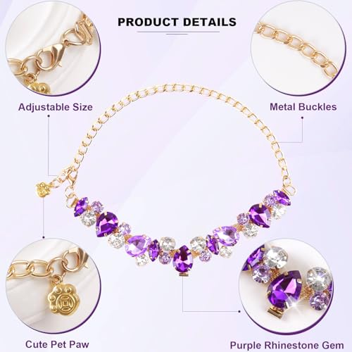 Image of HOWWFALY Dog Collar and Cat Collar Gold Chain Necklace Stainless Steel Adjustable Purple Diamonds Collar with Cute Pet Paw for Small Medium Pets Cats Dogs Kitten Puppy (Purple, S)