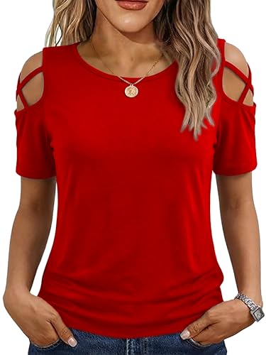 Image of Jar of Love Women's Summer Tops Short Sleeve Cold Shoulder Tops T-Shirts for Women Spring Summer Tops Loose Fit Tunic 2026