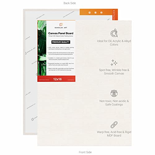 Image of Scholar Art Hobby Series 04 Oz (230 GSM) 100% Cotton Canvas Panel Board for Painting (White Blank Canvas Boards for Acrylic Paint, Oil Paint, Wet & Dry Media) | 12 inchx16 inch (30x40 cm), Pack of 12