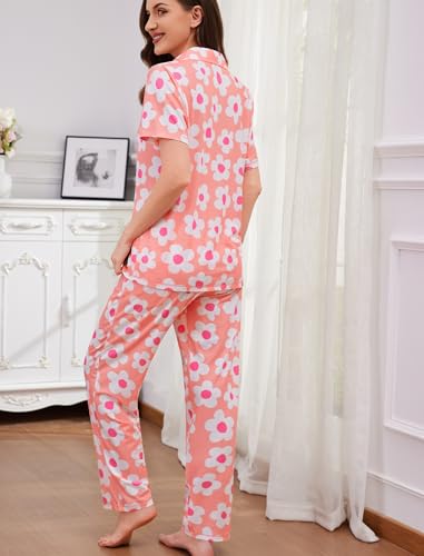 Image of SWOMOG Women Pajama Sets Two-Piece Nightwear Short Sleeve Sleepwear Button Down Pj Lounge Sets with Long Pants