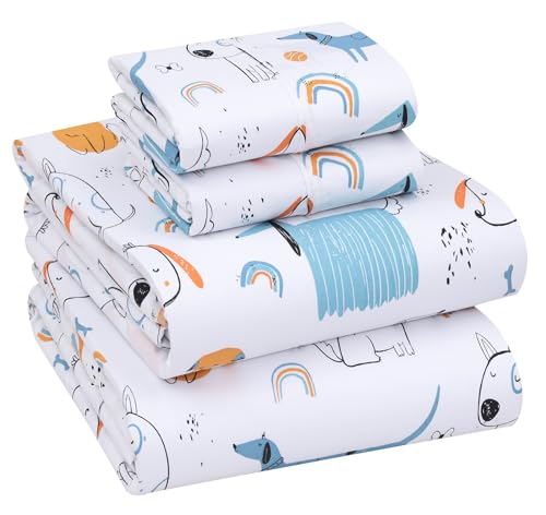 RUVANTI 100% Cotton Full Size Bed Sheets, 4 Pieces, Soft & Breathable Percale Weave Bedding, Deep Pocket 16", Hotel Standard, Crisp Cool Feel, Durable, Perfect Sheet Set Floral, Puppy Me