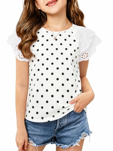 Image of Haloumoning Girls Ruffle Sleeve T Shirts Summer Short Sleeve Casual Cute Crewneck Tops Tees 5-14 Years
