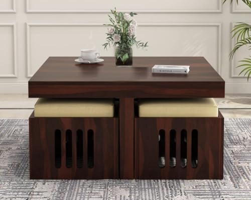Image of RECTART Solid Sheesham Wood Coffee Table with 4 Stools | Center Table for Living Room with Cushioned Stools | Teapoy for Living Room | Walnut Finish