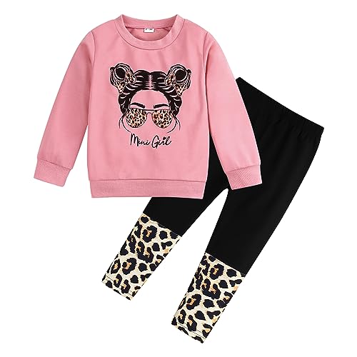 KIDLAGA Toddler Girl Clothes Figure Graphic Drop Shoulder Top Pullover Leopard Print Pants Fall Winter Outfit Set(4-5T)