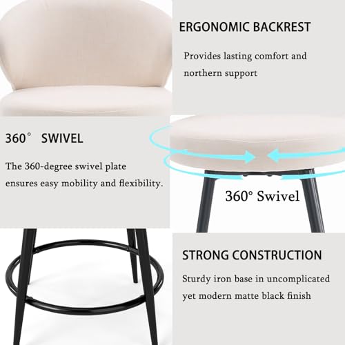 Image of Bar Stools Set of 2, 360 Swivel Breathable Fabric Kitchen Counter Height Stools, 26 inch Upholstered Bar Chair for Kitchen Islands, Restaurant, Ivory