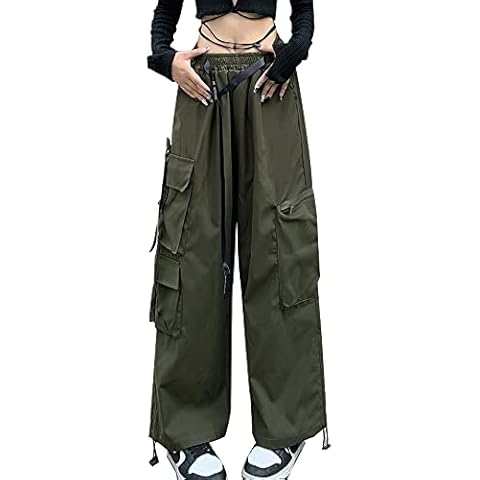 Hewlshawn Women's Cargo Pants Gothic Baggy Wide Leg Trousers Harajuku Y2k High Waisted Pants Streetwear, Green, XL Cover
