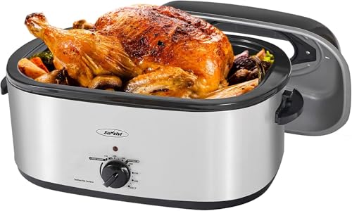 Comparison: Best Turkey Roaster Oven 6 Sunvivi Roaster Oven, Electric Roaster Oven with Viewing Lid, 30lb 26-Quart Turkey Roaster with Unique Defrost/Warm Function, Large Roaster with Removable Pan & Rack, Stainless Steel, Silver
