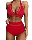 SUUKSESS Women Sexy High Waisted Bikini Sets Mesh Tummy Control Two Piece Swimsuits Halter Push Up Bathing Suits(Red,M)