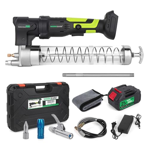 WORKEASE 21V Cordless Grease Gun Battery Powered,10000 PSI Professional Electric Powered Grease Gun Kit Inclued Strong Lock Grease Coupler, 24 Inch Spring Flex Hose with Carrying Case