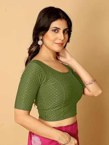 Image of Amazon Brand - Anarva Round Neck Dobby Cotton Lycra Stretchable Elbow Half Sleeve Readymade Saree Blouse for Women Stylish