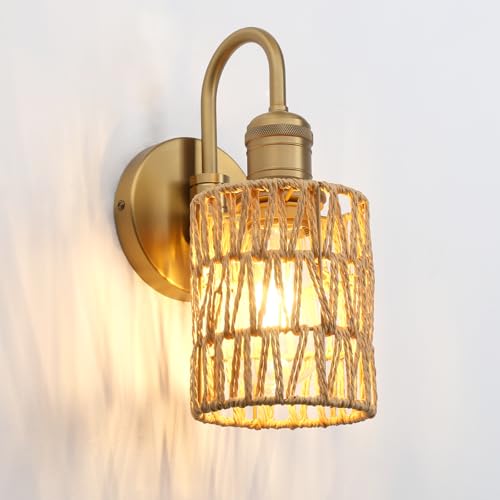Image of 1-Light Vintage U-Shaped Sconce Wall Lighting with Rattan Shade, Boho Wall Sconce Hardwired Wall Lamp Fixture for Bedroom Bedside Hallway Living Room