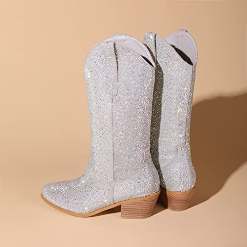Atuelang Women'S Rhinestone Cowboy Boots Sparkly Knee High Cowgirl Boots Fashion Pointed Toe Chunky Block Heel Mid Calf Booties Pull On Trending Tall Western Boots Silver Size 7 thumb #4