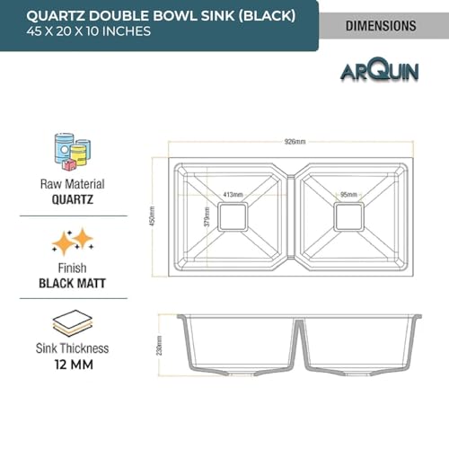 Image of ARQUIN Double Bowl Quartz Kitchen Sink 45x20x9 Inch Black | Durable & Scratch-Resistant Sink | Undermount,Topmount | Including Coupling,Sink Connector,Waste Pipe & Fruit Washing Basket