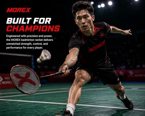 Image of Morex Carbon Graphite Badminton Racket with Full Cover Bag | Durable Carbon Shaft & Curve Frame for Better Sweet Spot & Smash Power | Ideal for Beginners & Advanced Players (Black & Orange)