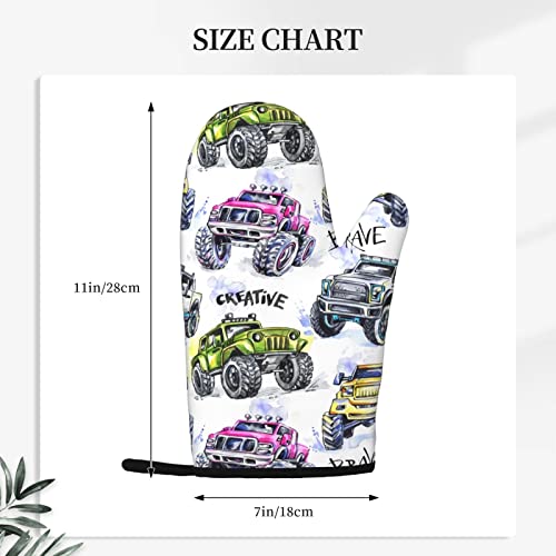 Silicone Oven Mitts Monster Cars Trucks Heat-Resistant Non-Slip Cotton Lining Oven Gloves Set Of 2 Comfort Safety Durable Kitchen Pot Holder For Bbq Cooking Baking Grilling #TOP3