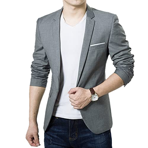 Men's Casual Suit Blazer Jackets Lightweight Sports Coats One Button Slim Fit Formal Suit Solid Jacket Grey S