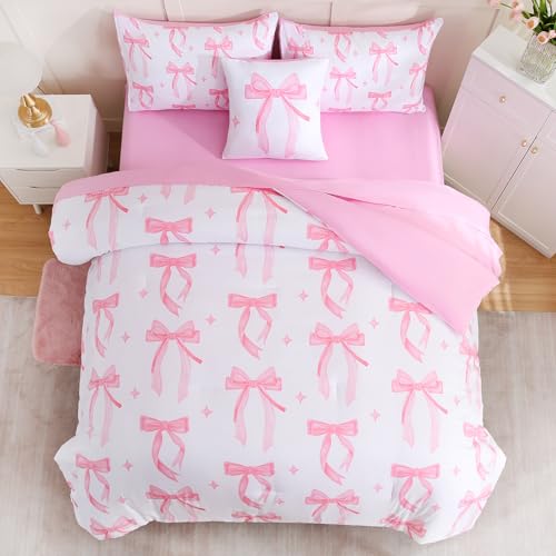 Image of DORCAS Bow Full Size Comforter Set for Girls,6 Pieces Bed in A Bag Pink Bow Bedding Sets with Sheets for Kids