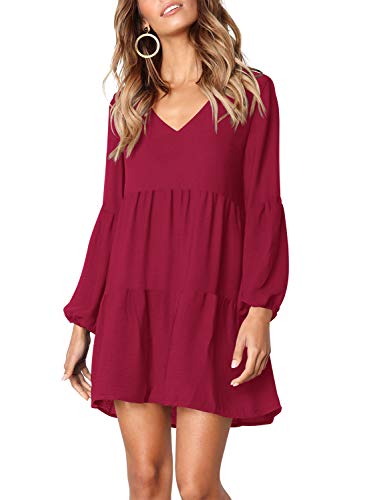 Amoretu Women Long Sleeve Casual V Neck Loose Swing Tunic Shift Dress Burgundy M