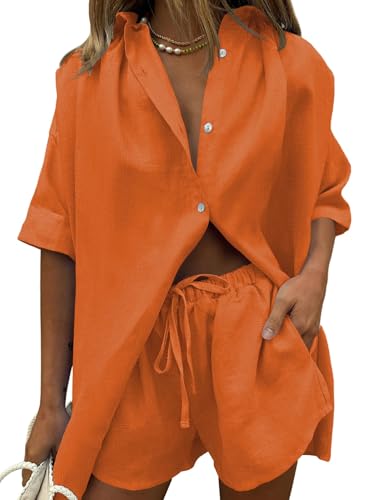 Image of Fixmatti Women 2 Piece Outfits Long Sleeve Button Down Blouse and Shorts Sweatsuit Sets
