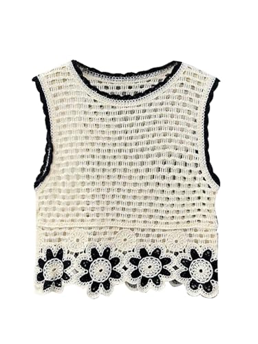 WDIRARA Women's Crochet Knit Sweater Vest Floral Hollow Out Crew Neck Sleeveless Tank Tops Knitwear