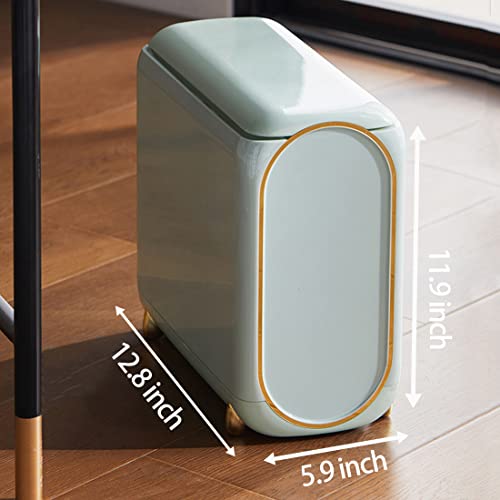 Bathroom Trash Can With Lid, 2.6 Gallon Rectangular Slim Garbage Can With Wheels, Plastic Double Barrel Rubbish Bin Wastebasket For Bedroom, Living Room, Kitchen, Office (Green) #TOP1