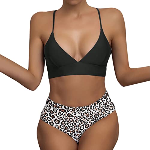 Maillot de bain deux pièces raffiné style tankini noir et imprimé léopard chic taille M