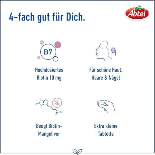 Abtei Biotin 10mg Forte - hochdosiertes Biotin - für schöne Haut, Haare und Nägel - zur Vorbeugung von Biotinmangel - laborgeprüft - 30 Tabletten