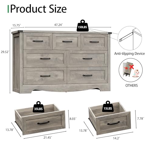 Image of Dresser for Bedroom with 7 Drawers, 48 inch Wide Modern Chest of Drawers with Deep Drawers & Mental Handle, Wood Dresser TV Stand, Wooden Closet Storage Organizer for Living Room, Hallway, Entryway, Grey