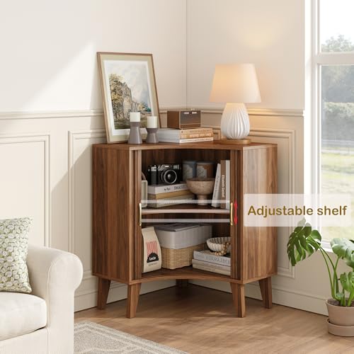 Image of Fluted Corner Cabinet, Small Corner Floor Cabinet with 2-Sliding Doors and Adjustable Shelves, Freestanding Narrow Organizer for Small Space,Living Room, Dining RoomBathroom.Walnut