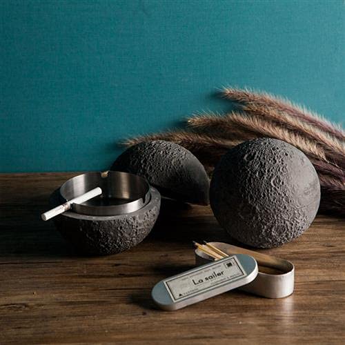 Posacenere Luna In Cemento Design Geometrico - Con Coperchio, Vassoio Inox, &Oslash; 11 Cm