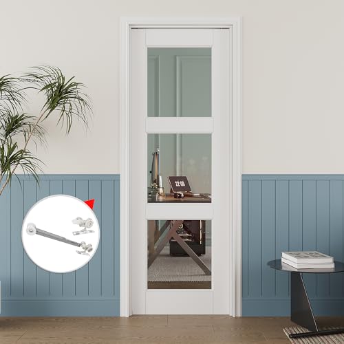 Image of 18 inch x 80 inch 3-Lite Clear Glass Pocket Door, Soft-Close Sliding Pocket Door with Frame & Hardware Kit Set, Primed All-Inclusive Interior Door Slab for Home, White, Need to Assemble