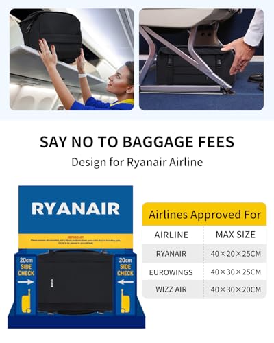 ECOHUB Ryanair Handgepäck 40x20x25 Rucksack, 20L Reiserucksack für Flugzeug, 14-Zoll Laptop Rucksack mit Tiefe, PET-Recycelte Wasserdichter Backpack für Herren & Damen, Patent Anhängig(Schwarz)