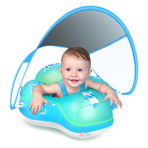 Baby Pool Float No Flip Over, Inflatable Baby Float with Sun Protection Canopy, Baby Swimming Float, Baby Swim Float with Double Air Chambers, Add...