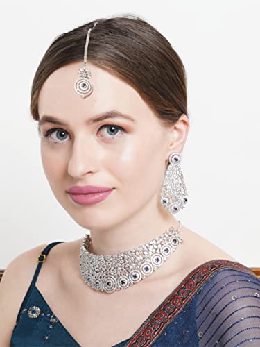 Image of Karatcart American Diamond Studed Blue Choker Necklace Set