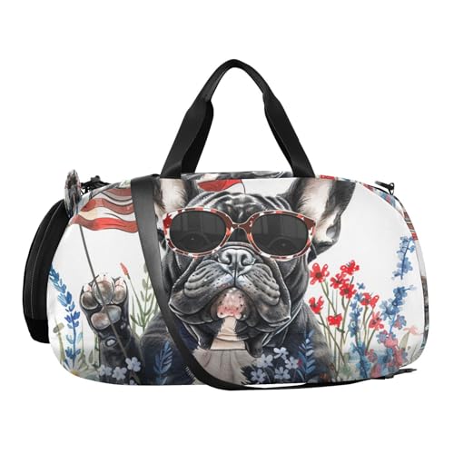 Duffle Bag for Boys or Girls with Shoes Compartment, Bulldog American Flag Sports Travel Bag Overnight2