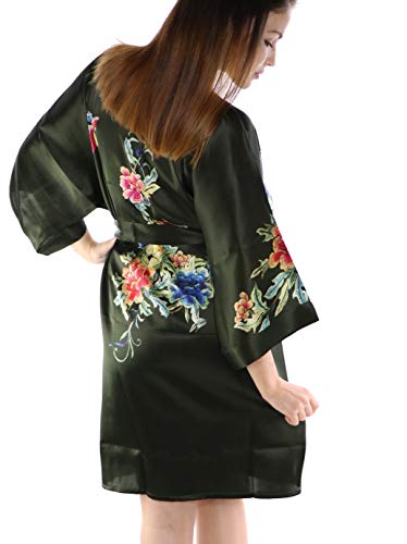 Prettystern Damen 100% Seide Kimono Yukata Knielang Gürtel Seidenmantel Hauskleid oder Morgenmantel Sommer Kleid SK03 dunkelgrün Fast schwarz