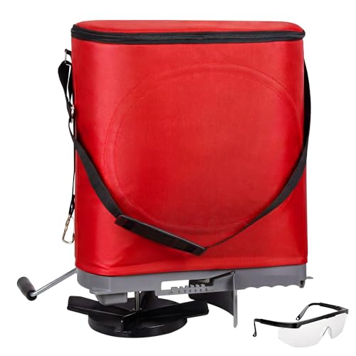 Walensee 25lb Handheld Bag Seed Spreader with Enclosed Metal Gears Rear Baffle Adjustable Flow Control Durable Oxford Bag Shoulder Strap for Grass Seed and Fertilizer Red