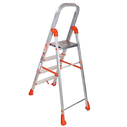 Image of BRANCO Heavy Duty Strong Durable Multipurpose Folding Ladder | Aluminium Safety Ladder with Anti-Slip Steps, Foldable Design, Platinum 4 Step Ladder for Home Use | Orange and Silver