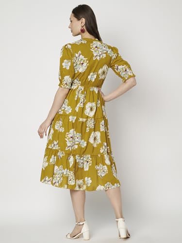 Image of PIDAVLIYA'S Women's Floral Summer Maxi Dress I Cotton Printed I One Piece Bodycon Midi Dress with V-Neck, Puffed Sleeves