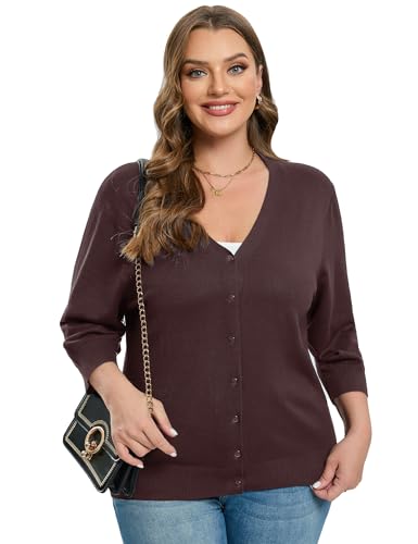 Women's Plus Size Cardigan Open Front Oversized Button Lightweight Sweaters V Neck Loose 3/4 Sleeve Cardigans Knit Outwear2
