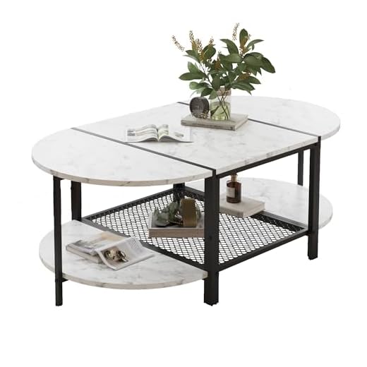 SENIG Oval Coffee Table with Faux Marble Top, 2-Tier Storage Shelf and Metal Frame, Living Room Center Table Modern, White Marble Finish